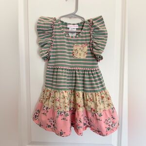 Bonnie Baby Green & Pink Striped Floral Tiered Dress — 24m